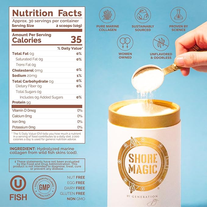 Shore Magic Premium Marine Collagen Powder Types I-IV – Wild Fish Hydrolyzed Peptides Unflavored 9g Protein Per Serving – Supports Youthful Skin Hair Nails &amp Joints 30-Day Supply