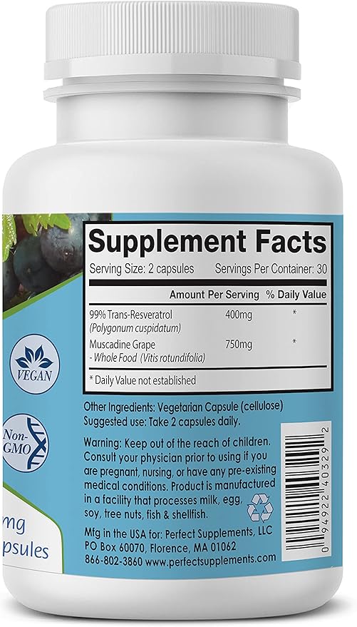 Perfect Supplements – Perfect ResGrape Resveratrol MAX – 60 Capsules – Trans-Resveratrol &amp Organic Muscadine Grapes – Promotes Anti-Aging