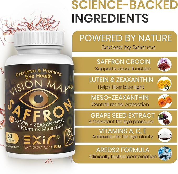 Eye Vitamins Supplement – with Saffron Lutein &amp Zeaxanthin – Nutritional Support for Eye Health 60 Capsules