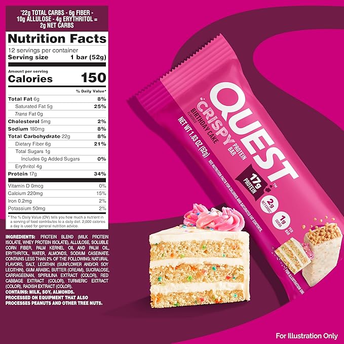 Quest Nutrition Crispy Birthday Cake Protein Bar 17g Protein 1g Sugar 2g Net Carbs Gluten Free Protein Snack Keto Friendly 12 Count