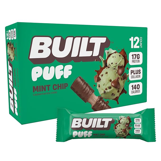 BUILT Bar Puff Protein Bars - Mint Chip - 17g Protein Snack Bars with Collagen - Calorie Conscious &amp Gluten Free - 12 Count