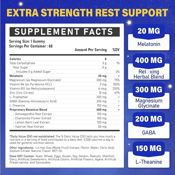 Melatonin 20mg Gummies for Adults - Max Strength Melatonin Gummy Supplement with Magnesium Glycinate B6 B12 L-Theanine GABA &amp Herbs - Non-Habit Forming Vegan Natural Mixed Berry Flavor