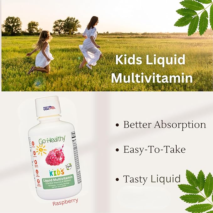 Go Healthy Liquid Multivitamin for Kids 2 Pack Bundle 1 Raspberry Bottle and 1 Peach Mango Bottle