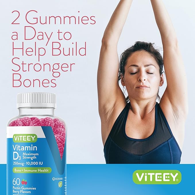 VITEEY Vitamin D3 Gummies for Adults &amp Teens - 10000 IU 250mcg Maximum Strength - Joint &amp Muscle Health Immune Boost - Chewable Vitamin D Gummies - Vegetarian Gelatin Free - Tasty Berry F