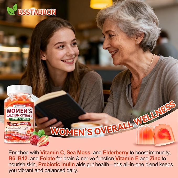 Calcium Supplements for Women Gummies: Organic Chewable Sugar Free Vegan Calcium 1200 mg with Vitamin D3 K2 B6 B12 Mineral Magnesium Zinc Citrate - for Womens Immune Overall Health(120Count)