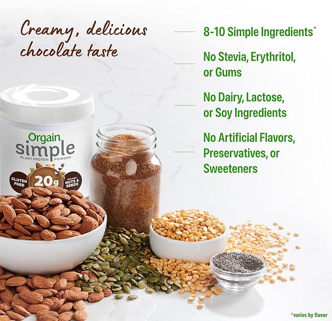 Orgain Organic Simple Vegan Protein Powder Chocolate - 20g Plant Based Protein Made with less Ingredients No Artificial Sweeteners Gluten Free No Dairy or Lactose 1.25 lb (Packaging May Vary)