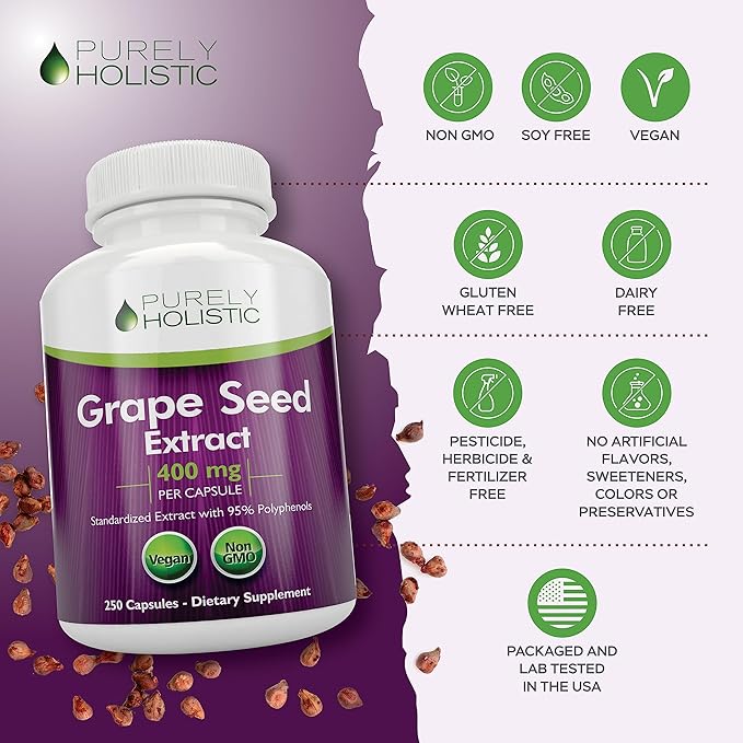 Purely Holistic Grape Seed Extract 20000mg - 250 Vegan Capsules - 8+ Month Supply - Standardized to 95% Polyphenols - 400 mg per Capsule - Maximum Strength Grapeseed - Non-GMO &amp Pesticide Free