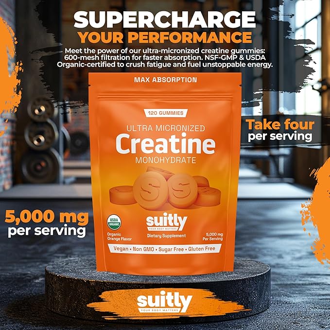 USDA Organic Ultra-Micronized Creatine Gummies for Men &amp Women Orange Max Absorption 5g Creatine Gummies Sugar Free for Muscle Gain Energy &amp Recovery Muscle Builder for Women with Pouch - 1