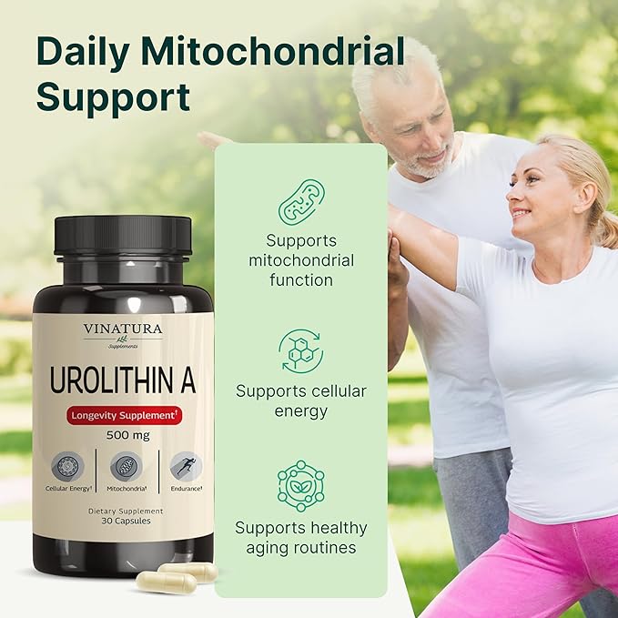 VINATURA Urolithin A Supplement 500mg - Urolithin A+ for Powerful Antioxidants Anti Aging and Mitochondrial Support 30 Capsules
