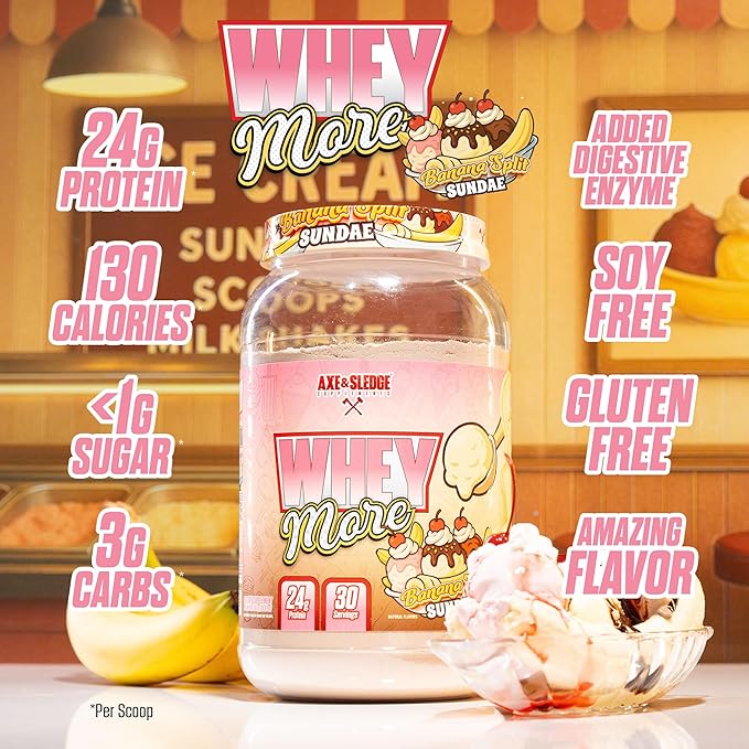 Axe &amp Sledge WHEY More Premium Protein Blend | 24g Protein Whey Concentrate &amp Isolate | Prebiotic Fiber for Enhanced Absorption | Banana Split Sundae