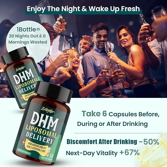 Zaigon Liposomal DHM Supplements 1000 mg dihydromyricetin with l-cysteine Milk Thistle Electrolytes Ginger NAC L-Theanine &amp Vitamin B for Recovery After Drinking &amp Liver Support 360 Cap