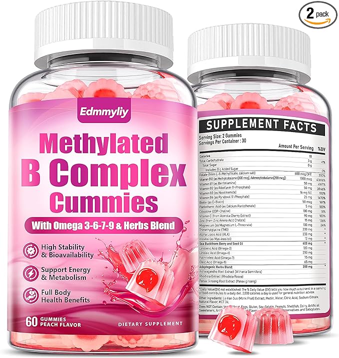Methylated B Complex multivitamin for Women - Daily Vitamin B1 B2 B6 B12 Gummies with Folate Vitamin C Magnesium &amp Omega 3 - Supports for Immune &amp Over-All Health