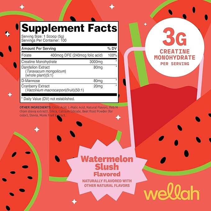 Wellah Creatine for Women (100 Servings Watermelon Slush) - Creatine Monohydrate with Dandelion &amp Cranberry Extract