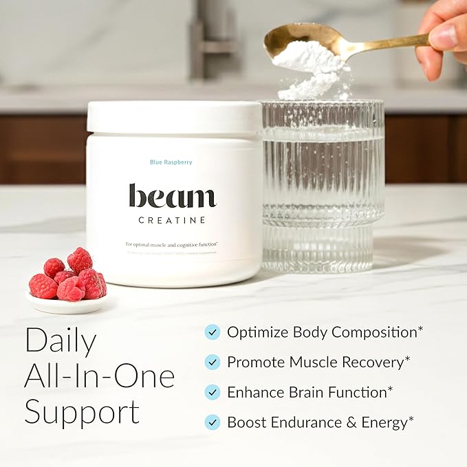 Beam Creatine Monohydrate Powder – 5g Micronized Creatine Monohydrate Flavored Creatine for Women &amp Men Muscle Strength Growth &amp Cognitive Support Blue Raspberry Flavor 30 Servings