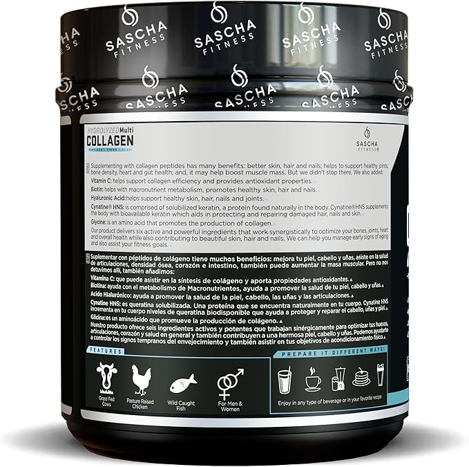 SASCHA FITNESS Hydrolyzed Multi Collagen Peptides Tipes 12 &amp 3 |Hyaluronic Acid|Biotin |Cynatine HSN|Vitamin C &amp E |for Hairs Skin &amp Bone Support| Unflavored