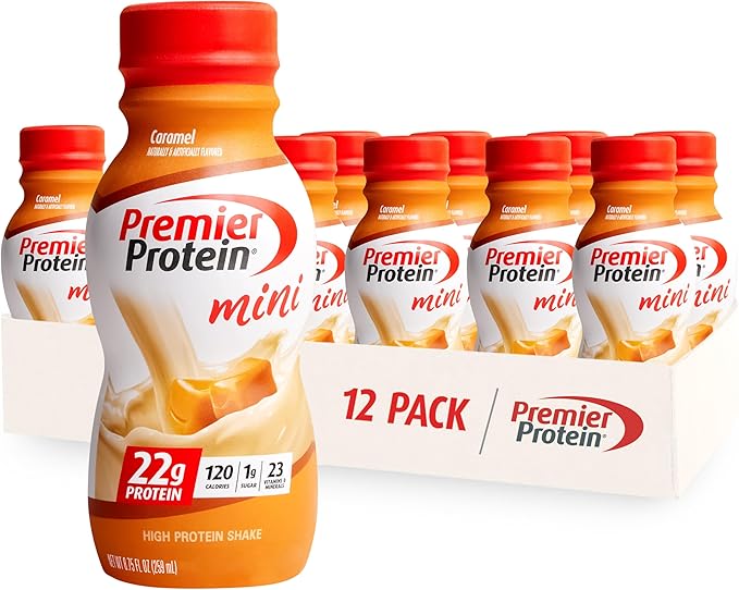 Premier Protein Shake MINIs Vanilla &amp Caramel Flavors 22g Protein 120 Calories 1g Sugar 8.75fl oz Packs of 12