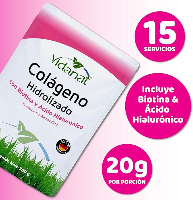 Vidanat Pure Hydrolyzed Collagen with Biotin &amp Hyaluronic Acid – Supports Skin Hair Nails &amp Joint Health – High-Absorption Protein Powder – 300g (Pack of 1) – 15 Servings per Bag
