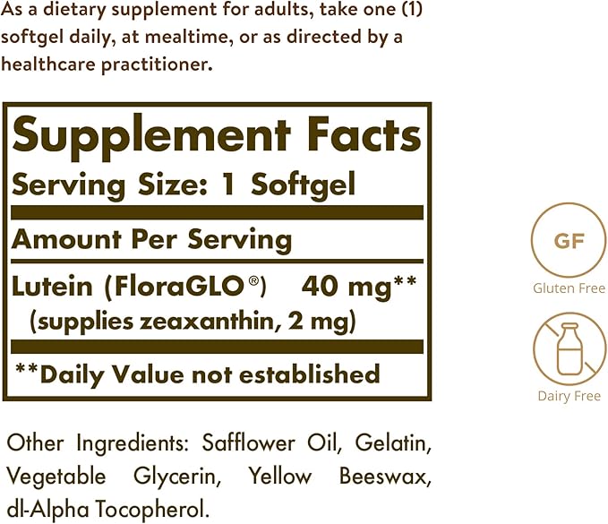 Solgar Lutein 40 mg 30 Softgels - Supports Eye Health - Helps Filter Out Blue-Light - Contains FloraGLO Lutein - Gluten-Free Dairy Free - 30 Servings