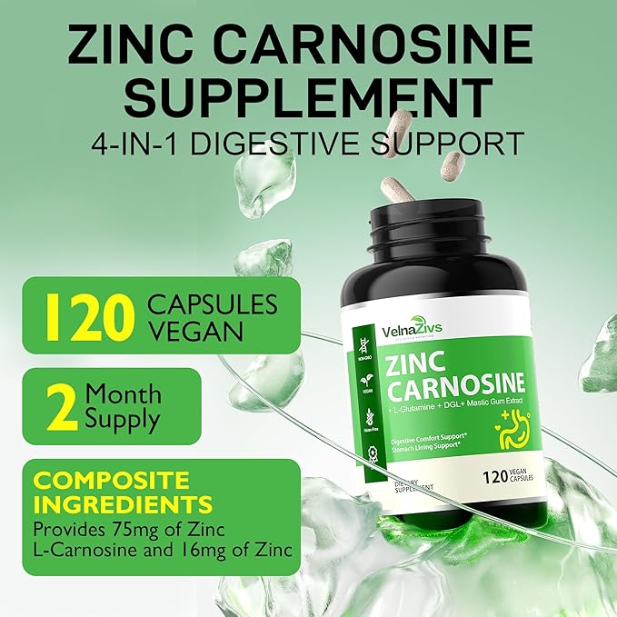 Zinc Carnosine Supplement with DGL Mastic Gum &amp L-Glutamine | for Stomach Lining Support | Gut Comfort and Digestive Health Support
