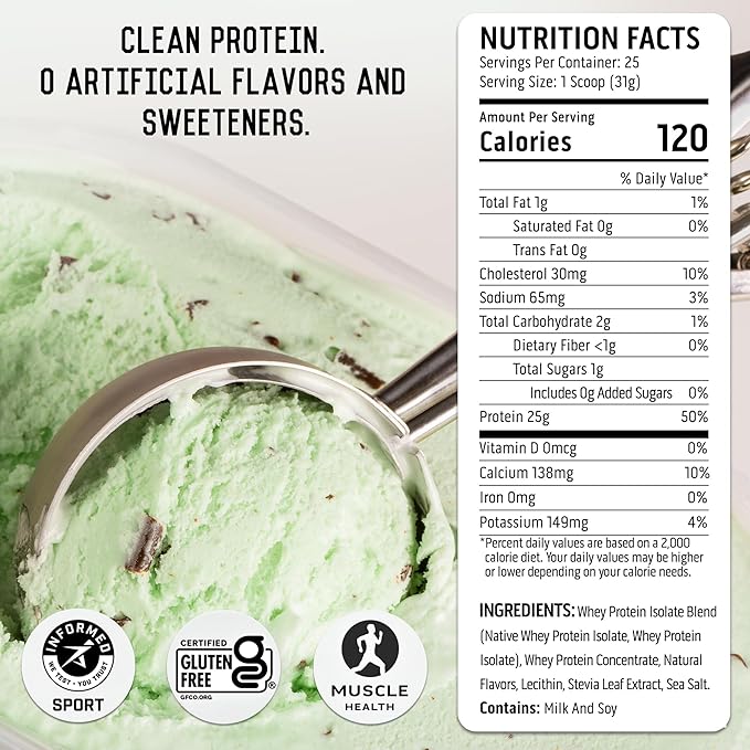 Ascent 100% Whey Protein Powder - Post Workout Whey Protein Isolate Zero Artificial Flavors &amp Sweeteners Gluten Free 5.5g BCAA 2.6g Leucine Military Exclusive Mint Chocolate Chip 1.7 lb