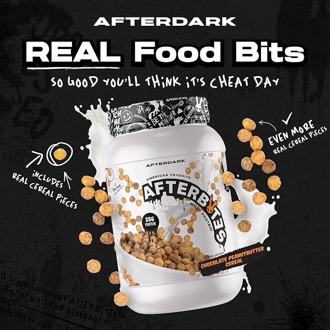 AFTERDARK AfterBites Whey Protein Powder 25g Protein 4.5g BCAA’s Easy Dissolving No Artificial Colors or Fillers Isolate Protein USA Made 26 Servings Chocolate Peanut Butter Cereal