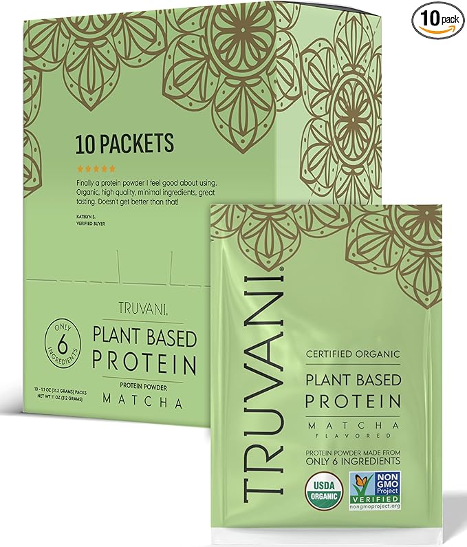Truvani Vegan Pea Protein Powder | Matcha | 20g Organic Plant Based Protein | Single Serving Travel Packets | 10 Servings | Keto | Gluten &amp Dairy Free | Low Carb | No Added Sugar