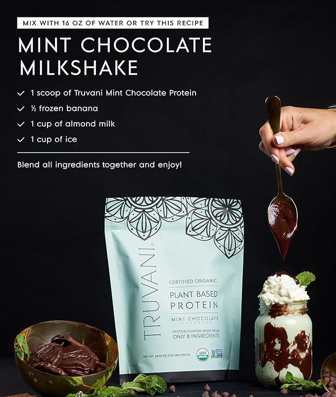 Truvani Vegan Pea Protein Powder | Mint Chocolate | 20g Organic Plant Based Protein Per Serving | 20 Servings | Keto | Gluten &amp Dairy Free | Low Carb | No Added Sugar