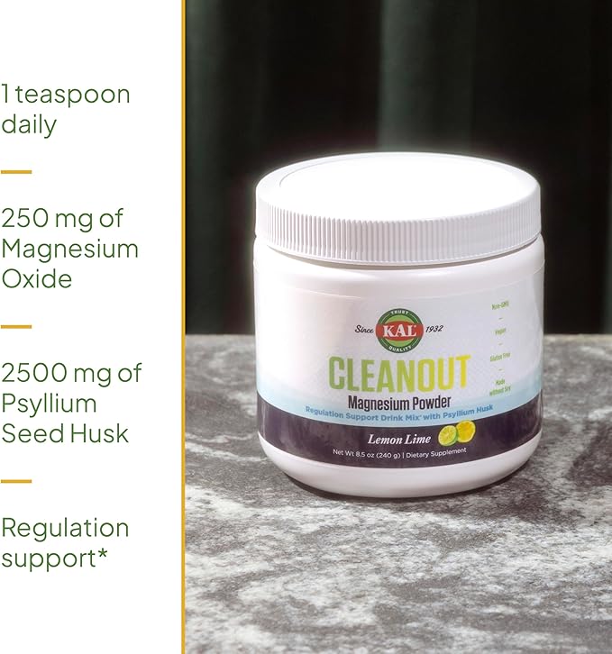 KAL Cleanout Magnesium Plus Psyllium Husk Powder - Lemon Lime - Magnesium Oxide with Fiber Supplement - Regulation Support Drink Mix - No Sugar - 60-Day Guarantee 40 Servings 8.5 OZ