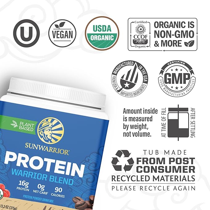 Sunwarrior Organic Plant Based Protein Powder | Vegan Organic Protein Powder Mocha Flavored with BCAA Amino Acids &amp Hemp Seed Pea Blend | Non-GMO Soy Dairy Filler &amp Gluten Free (Mocha 15 Serv