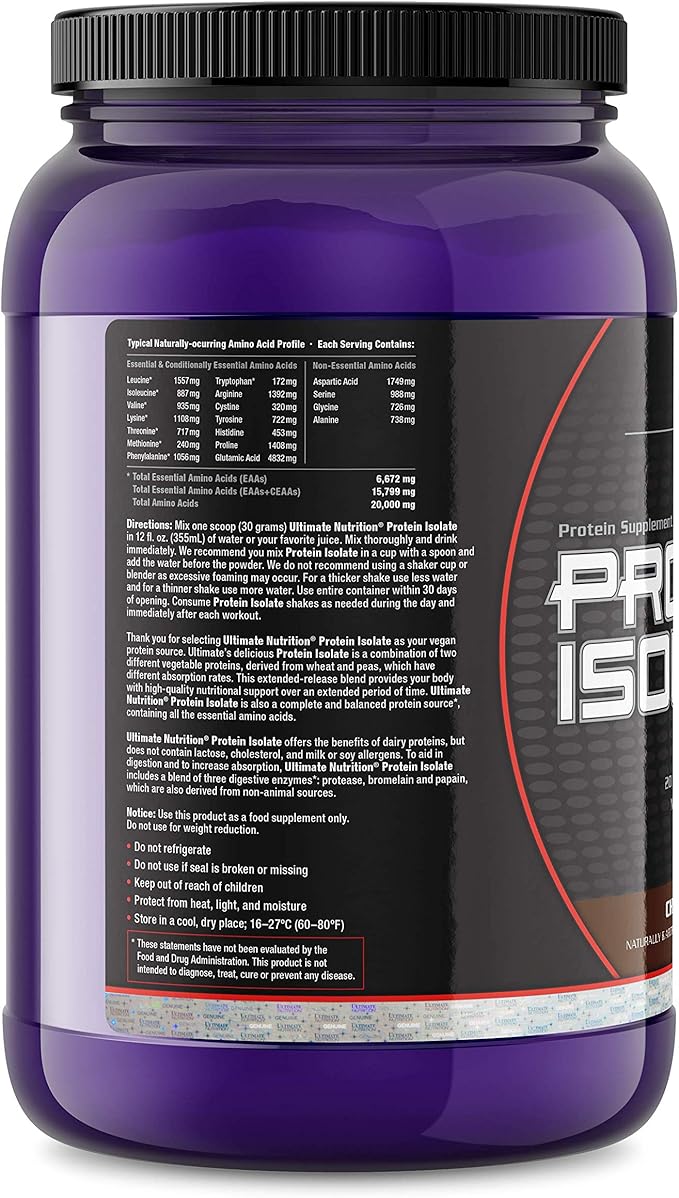 Ultimate Nutrition Vegan Plant Based Protein Isolate Powder - No Sugar and No Lactose - 20 Grams of Protein Per Serving with 100% Naturally Occurring BCAAs Chocolate 2 Pounds