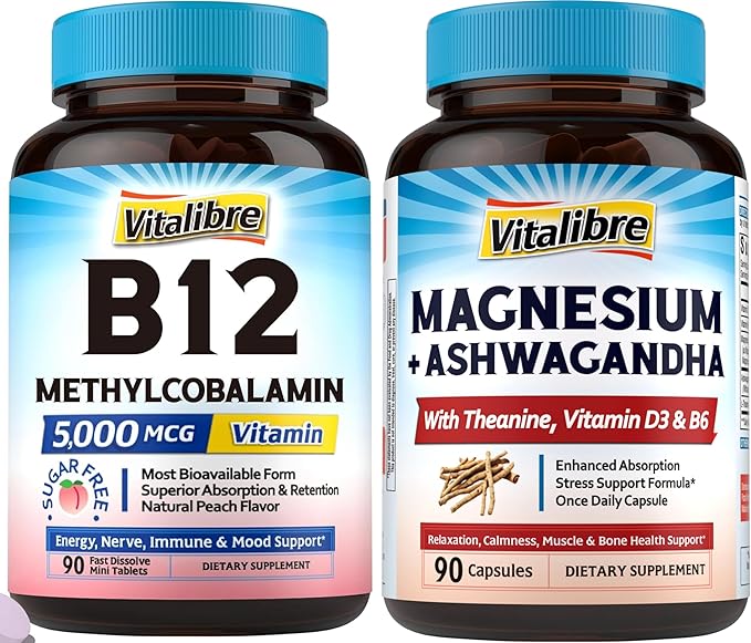 Vitamin B12 Sublingual 5000 mcg 90 Tablets Magnesium Ashwagandha Complex 90 Capsules
