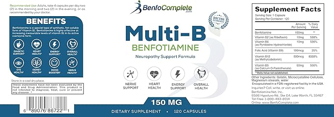 Benfotiamine Multi-B Neuropathy Support Formula 150mg 120 Gelatin Capsules per Bottle - Pack of 3 Bottles