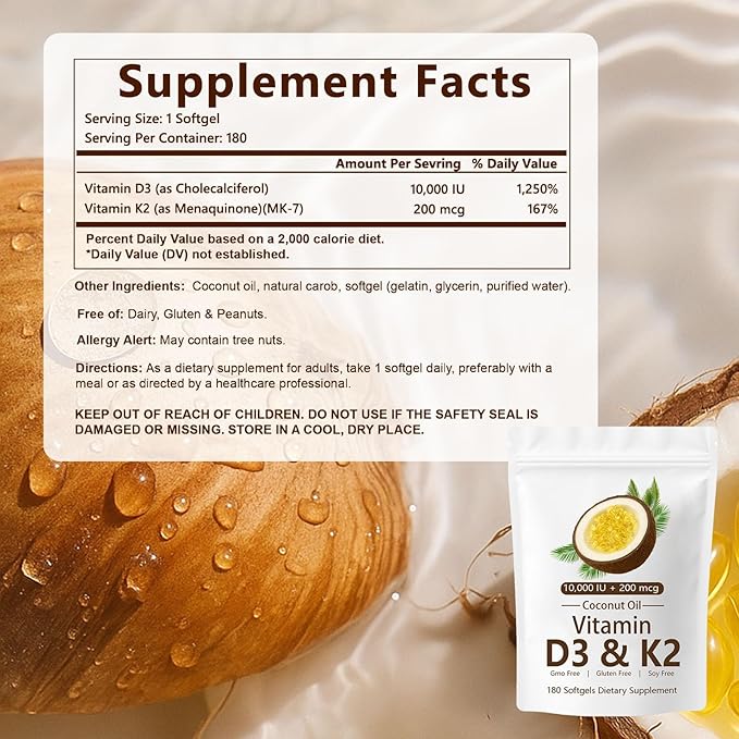 CrownHer Naturals D3 K2 Real Good Essentials Vitamin D3 10000 IU + K2 200 MCG Vitamin D3 &amp K2 Coconut Oil Softgels Capsules for Bone Immune Health Boosts Energy &amp Calcium Absorption 180 G