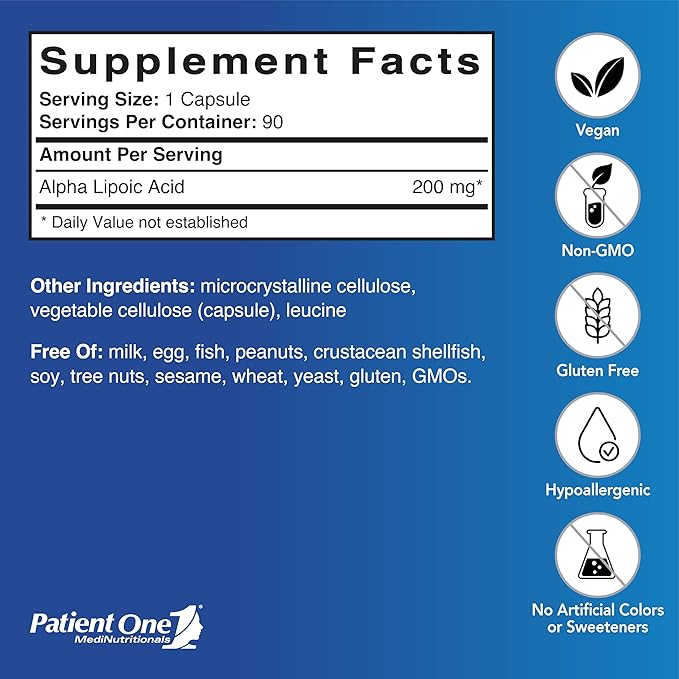 Patient One Alpha Lipoic Acid (ALA) 200 mg | Antioxidant Supplement to Support Nerve and Liver Health* | 90 Capsules