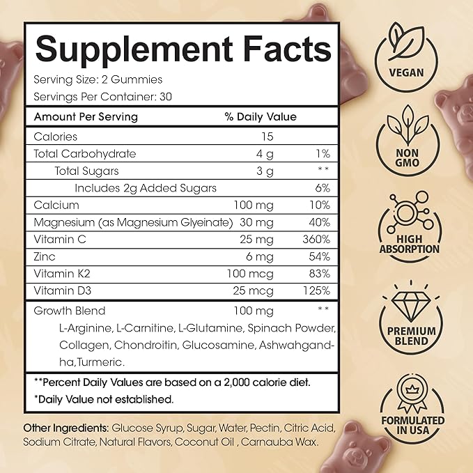 Height Growth Increase Vitamin Gummies Calcium 100mg Magnesium Glycinate 30mg Zinc Ashwagandha Vitamin K2 D3 25mg Grow Tall Maximizer Supplement Multivitamin for Kids Teens Boy &amp Girl Adul