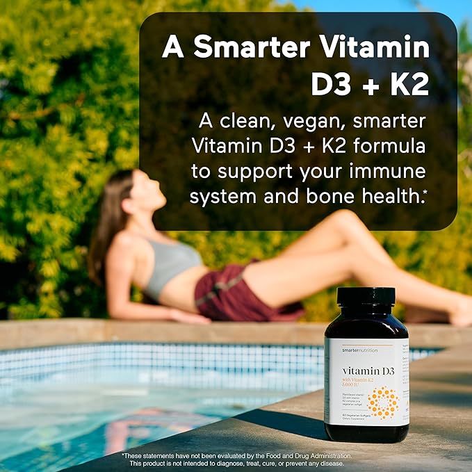 SMARTERNUTRITION Vegan Vitamin D3 5000 IU + Natural Vitamin K2 1100 mcg in Organic Coconut &amp Olive Oil - D3 K2 Supplement for Immune &amp Bone Support - 180 Softgels[90 Day Supply]
