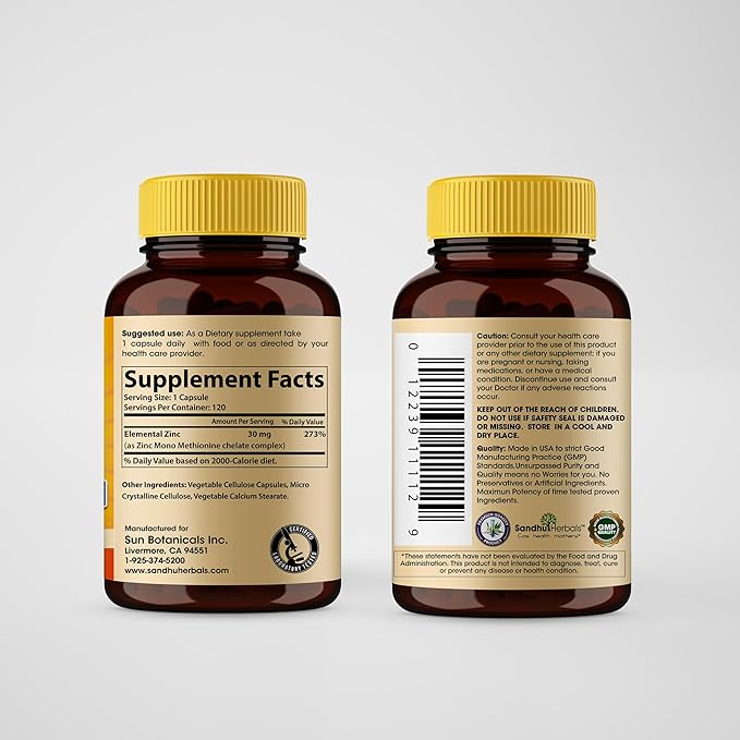 Sandhu Herbals Zinc 30 mg and Organic Turmeric Curcumin with Bioperine Black Pepper Extract | Supports Healthy Skin Immune System Joint &amp Healthy Inflammatory Support | Non-GMO Made in USA