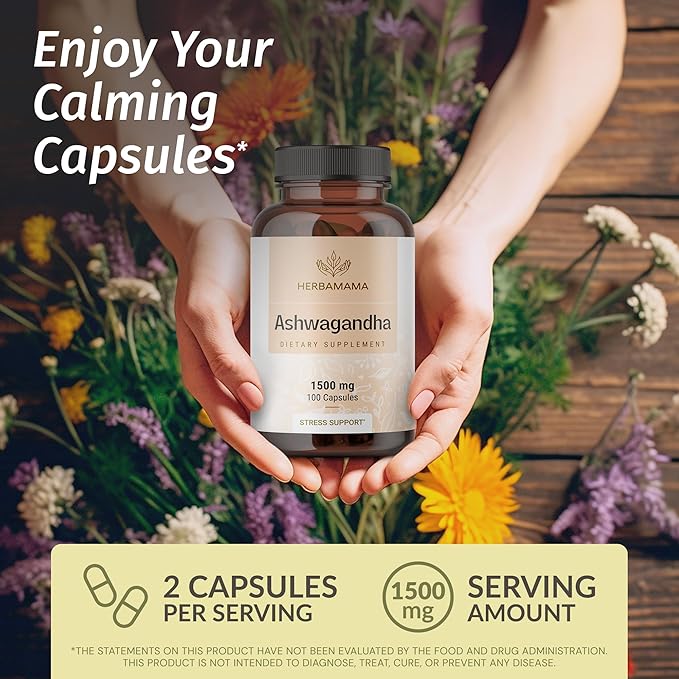 HERBAMAMA Ashwagandha and Mullein Kit - Bundle of 1500 mg Ashwagandha Root &amp 1200 mg Mullein Leaf Capsules 100 Caps - Vegan Non-GMO Sugar &amp Alcohol-Free - 2 Pack