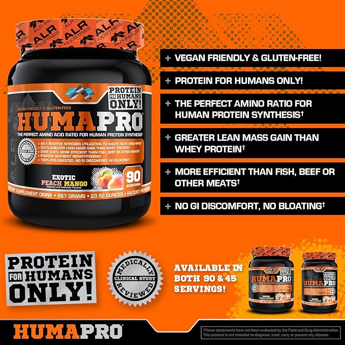 Humapro | Amino Acids Protein Matrix for Humans | 99% Utilization for Lean Muscle | Vegan Gluten Free | 667g / 90 Servings (Exotic Peach Mango)