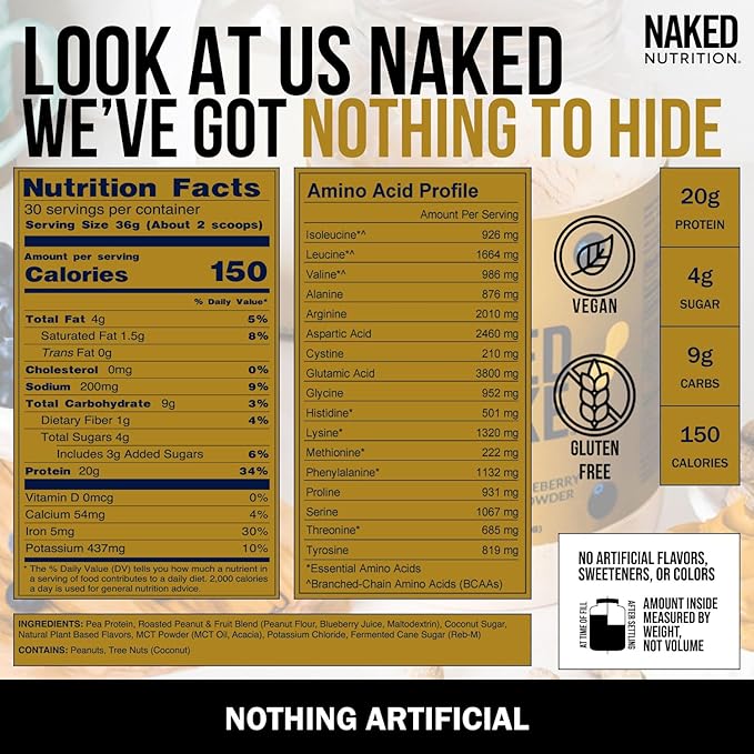 NAKED Shake - Peanut Butter Blueberry Protein Powder Plant Based Protein with Mct Oil Gluten-Free Soy-Free No Gmos Or Artificial Sweeteners - 30 Servings