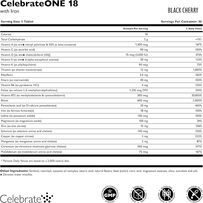 Celebrate Vitamins CelebrateONE 18 Chewables 18mg Iron - Once Daily Bariatric Multivitamin Essential Vitamins &amp Minerals - Gastric Bypass &amp Sleeve Gastrectomy Supplement - Black Cherry (90 T