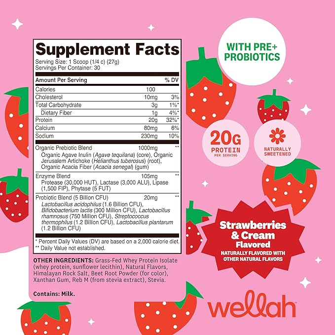Wellah Grass-Fed Whey Protein Isolate Powder (Strawberries and Cream) 30 Servings - with Prebiotics Enzymes &amp Probiotics 20g of Protein 100 Calories Naturally Sweetened