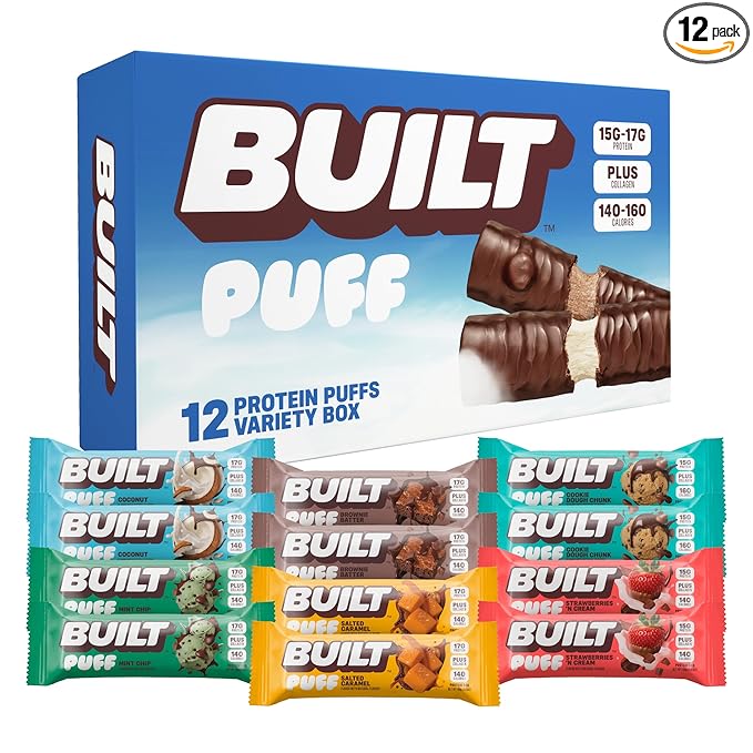 Built Bar Puff Protein Bars Variety Pack Collagen On-the-go Snacks Breakfast Bar Mixed Sampler 12 Pack