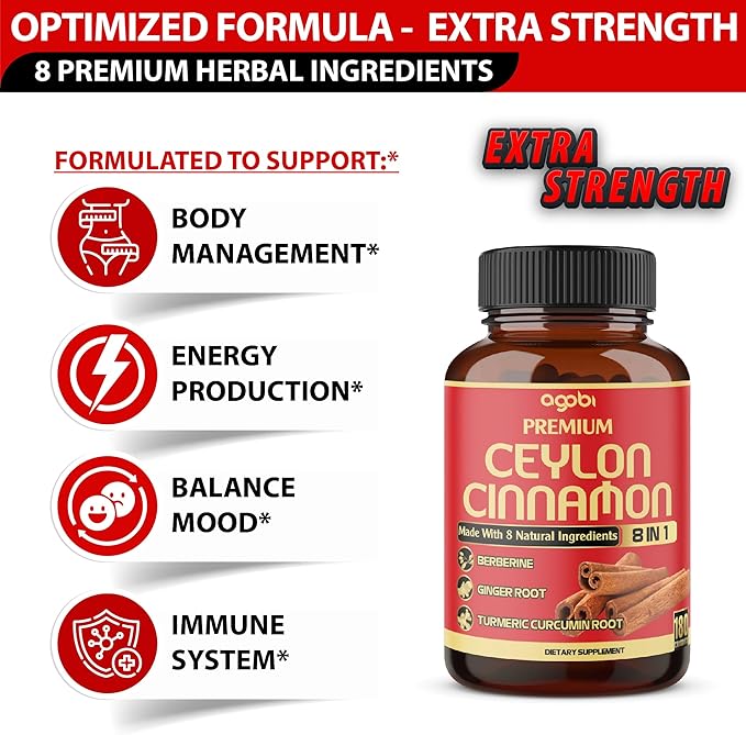Premium Ceylon Cinnamon with Berberine Supplement - 8in1 Turmeric Ginger Gymnema &amp More - Body Heart &amp Overall Vitality - 180 Capsules
