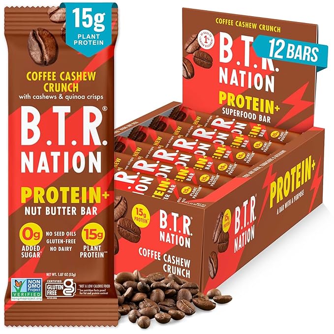 B.T.R. Nation Vegan Keto Plant Based High Protein &amp High Fiber Bars - Coffee Cashew Crunch Protein+ | 12 Bars | Low Carb &amp GF Free of Sugar Alcohols Dairy Soy and with Powerful Superfoods!