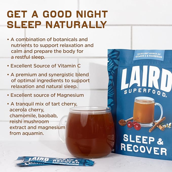 Laird Superfood Sleep &amp Recover Bedtime Powdered Drink Mix Calming Supplement to Support Relaxation and Sleep with Tart Cherry and Chamomile 0.3 Oz Packet Pack of 10