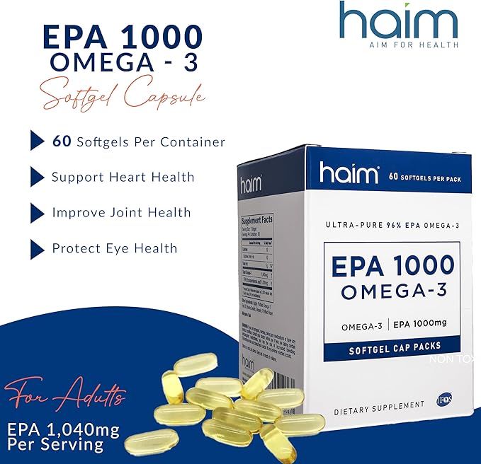 HAIM EPA1000 – High-Potency EPA Fish Oil Supplement – 1000mg Omega-3 for Heart Brain &amp Joint Health – Pure Burpless Capsules – 60 Softgels – Made in USA