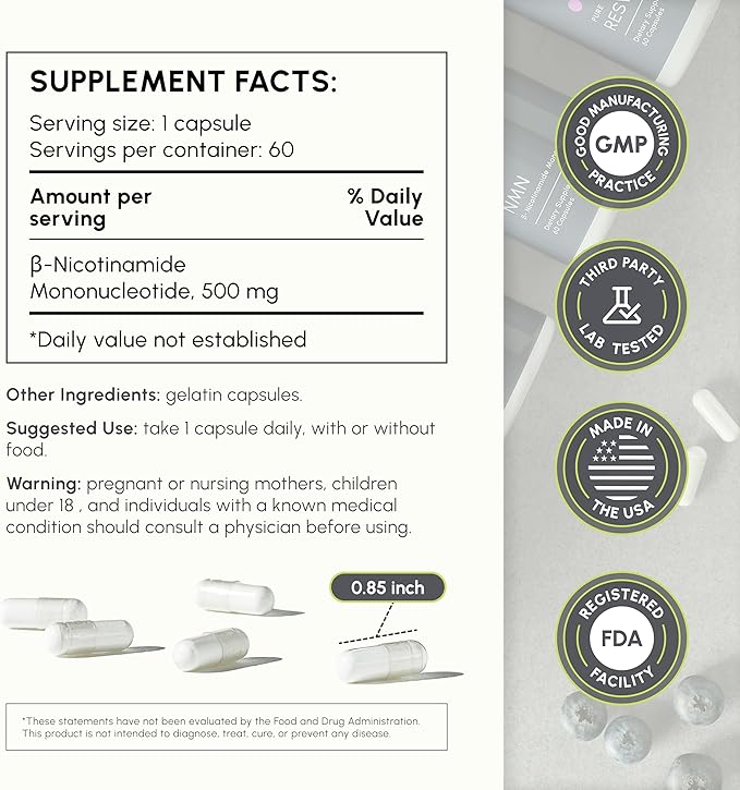 NMN Supplement 500mg – Nicotinamide Mononucleotide NMN &amp Booster for Cellular Energy Longevity &amp Healthy Aging – 2-Month Supply (60 Capsules)