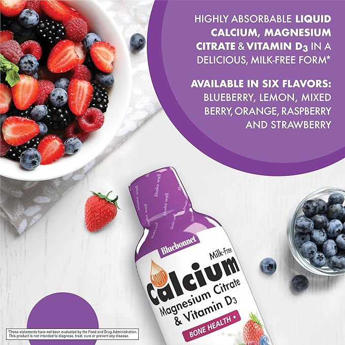 BlueBonnet Nutrition Liquid Calcium Citrate Magnesium Citrate Vitamin D3 Bone Health Gluten Free Soy Free Milk Free Kosher Blueberry and Mixed Berry Combo