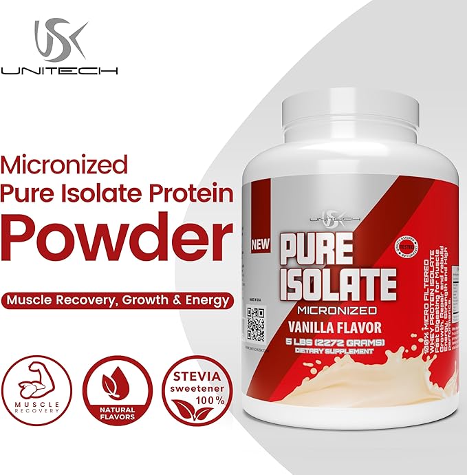 Unitech USK Pure Isolate Protein Powder | Supports Muscle Recovery &amp Growth | Low Carb &amp Fat | Rich in Essential Amino Acids | Easy to Mix | Vanilla Flavor 80oz